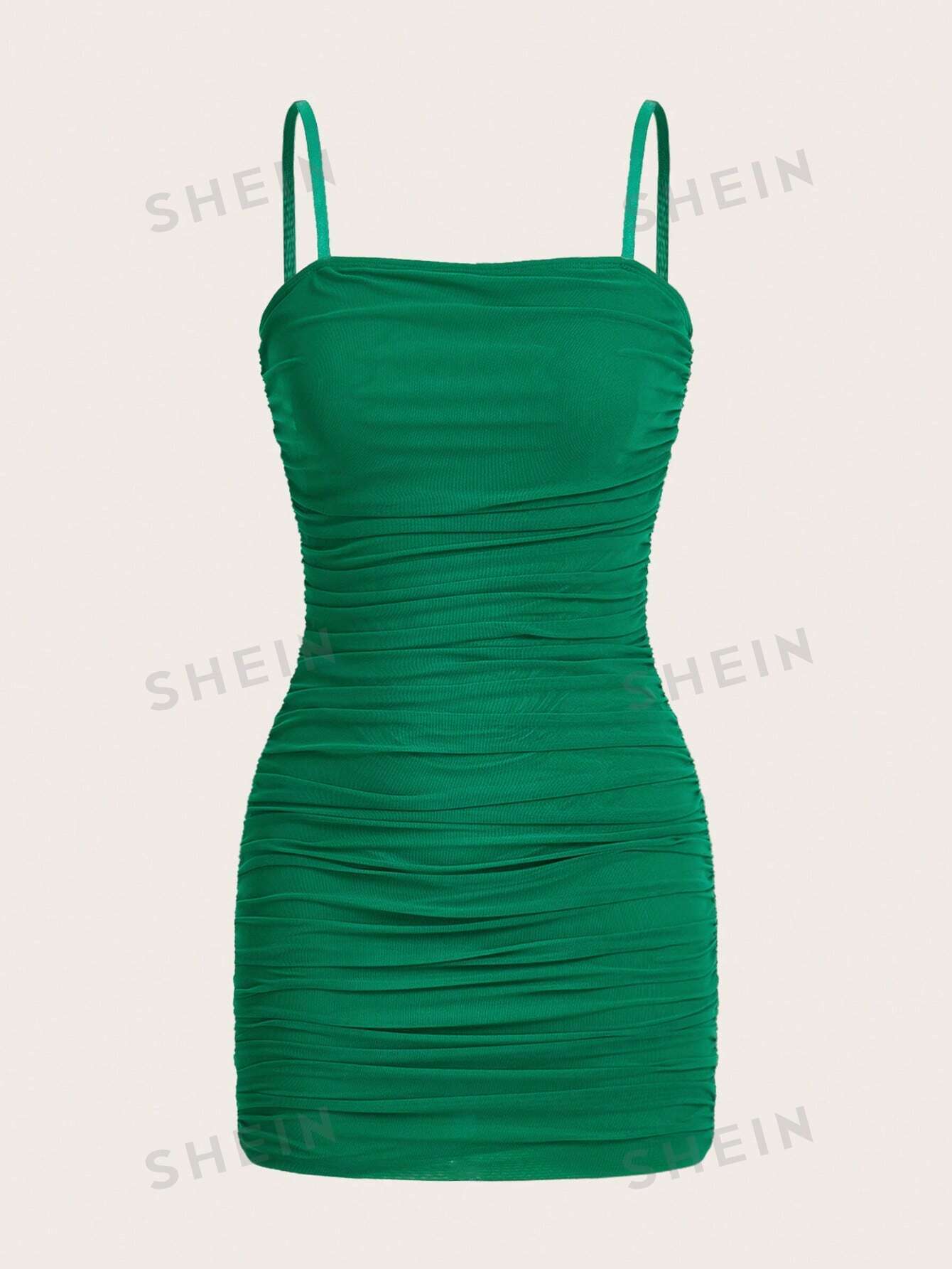 SHEIN EZwear Облегающее платье-комбинация из сетчатого материала со сборками, зеленый