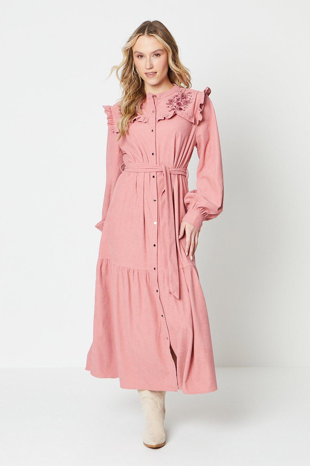 Платье миди с поясом и вышивкой, оборками Oasis, розовый