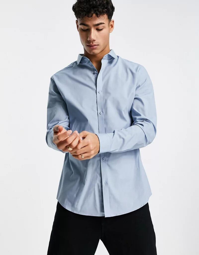 

Синяя классическая рубашка из поплина с длинными рукавами River Island