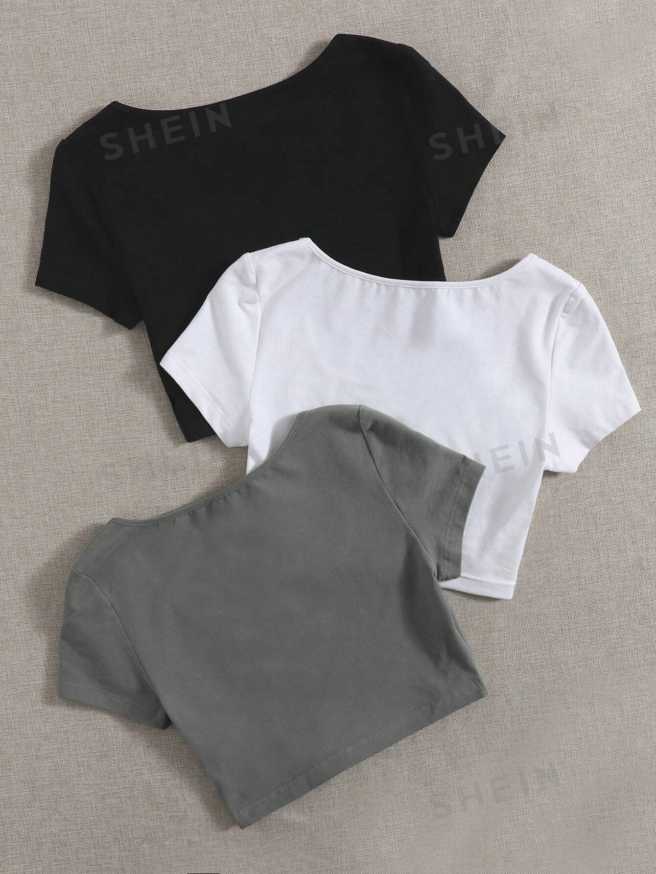 цена SHEIN EZwear 3 шт. однотонная приталенная футболка с круглым вырезом и короткими рукавами, темно-серый