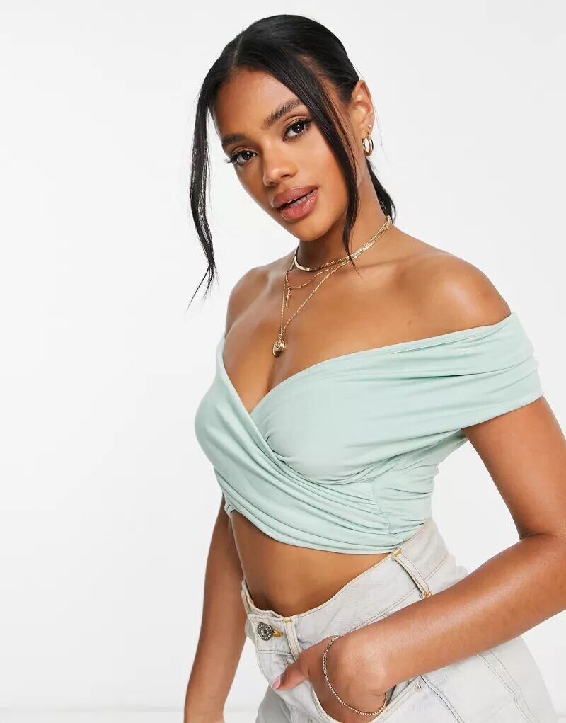 

Светло-шалфейный топ с открытыми плечами и короткими рукавами ASOS