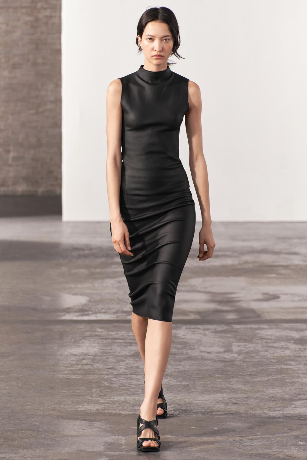 Юбка миди стрейч трикотажа ZARA, черный женская длинная юбка плиссированная юбка трапеция с высокой талией универсальная облегающая юбка с эластичным поясом 2022