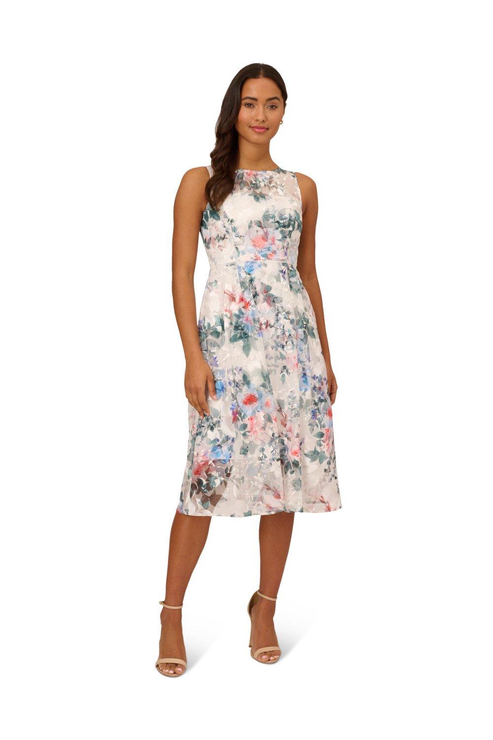 Платье с вуалью и цветочным принтом Adrianna Papell, мультиколор платье расклешенное длина миди 34 без рукавов mora s бежевый