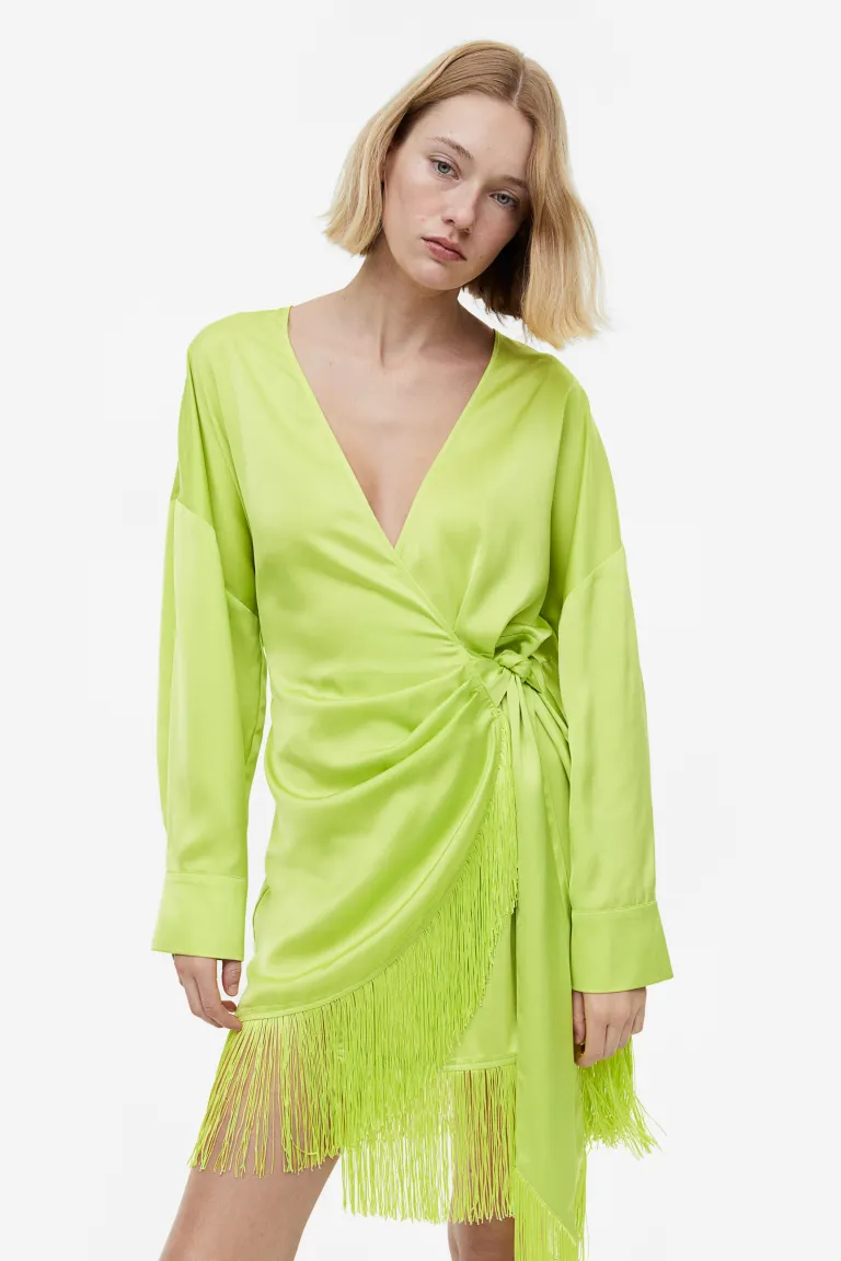 Платье из атласа с трансфером и бахромой H&M, зеленый