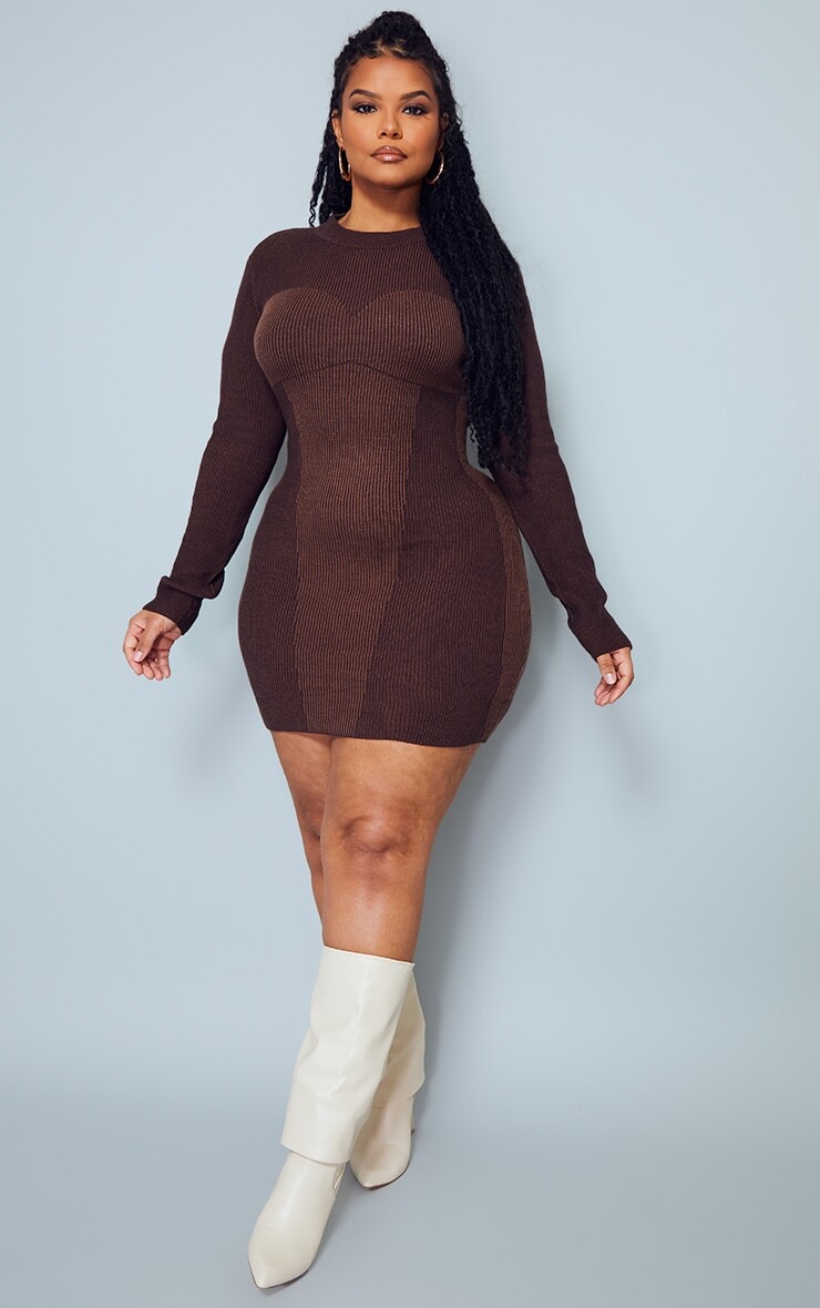 

PrettyLittleThing Коричневое двухцветное платье с высокой горловиной и контрастным швом