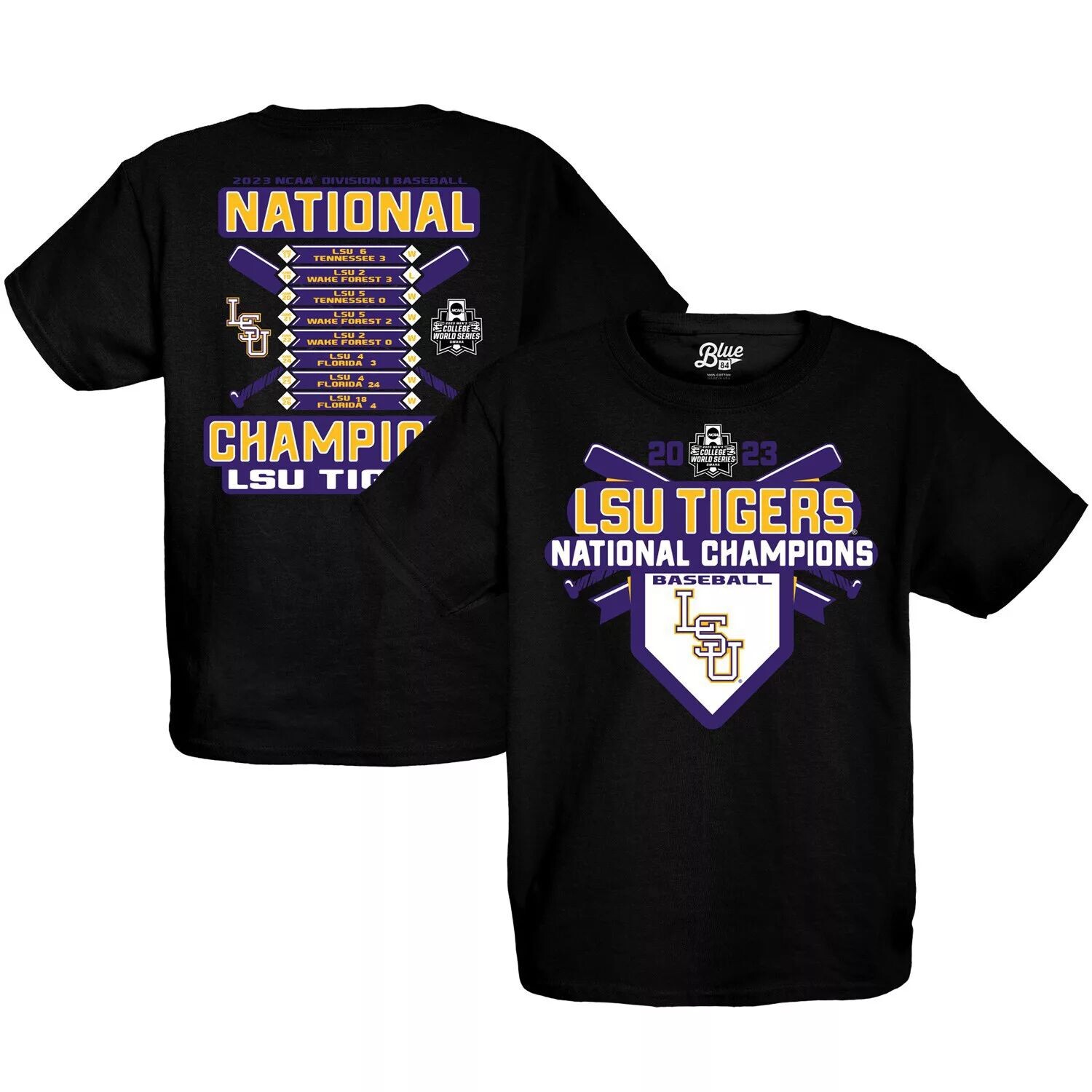 

Молодежная синяя футболка 84 Black LSU Tigers 2023 NCAA Мужская футболка с расписанием чемпионов Мировой серии бейсбольного колледжа NCAA Unbranded