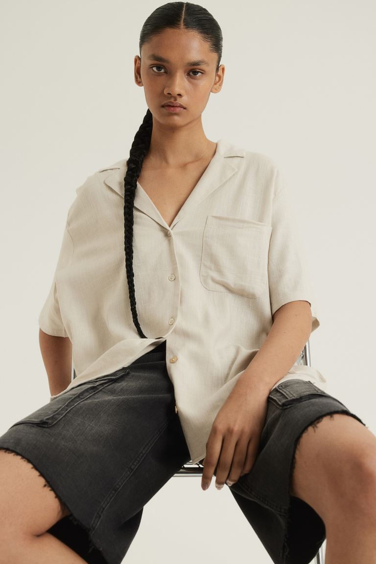 Воздушная блузка для отдыха H&M, бежевый блуза с воротником стойкой и пуговицами