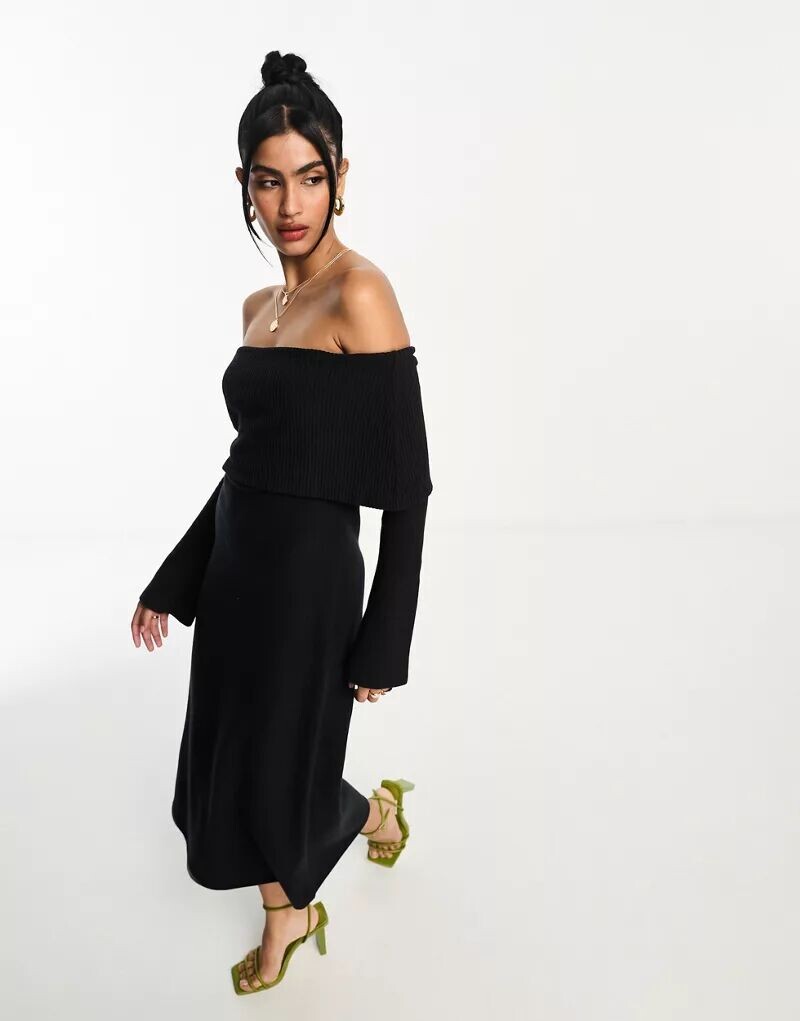 

Супермягкое черное платье миди ASOS с вырезом кармен и расклешенными рукавами