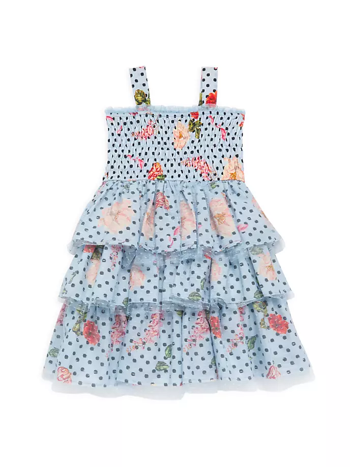 Ярусное платье с присборенным цветочным принтом и в горошек для маленьких девочек и девочек Marchesa Notte Mini, синий