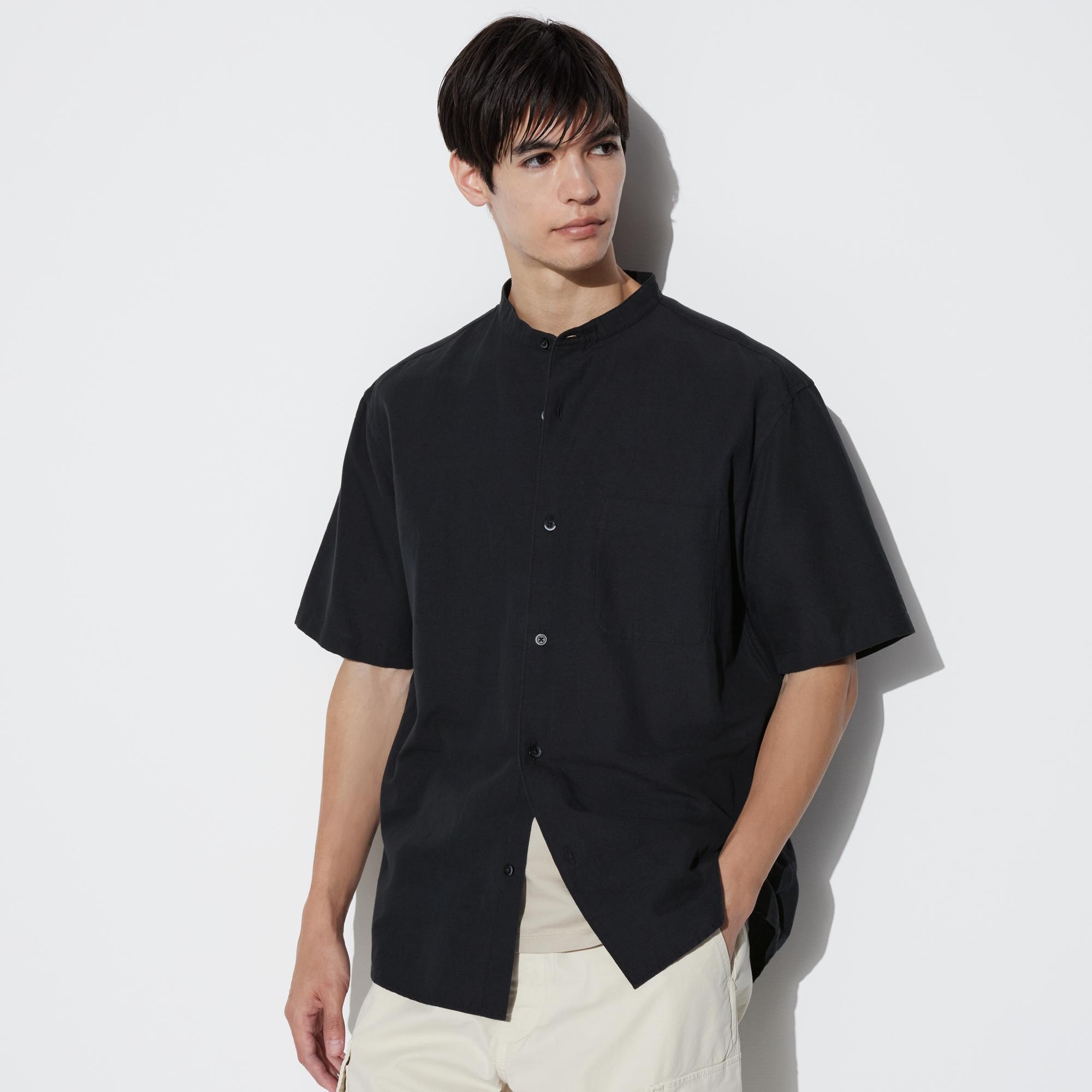 Рубашка UNIQLO с воротником-стойкой с коротким рукавом, черный ветровка uniqlo с воротником стойкой черный