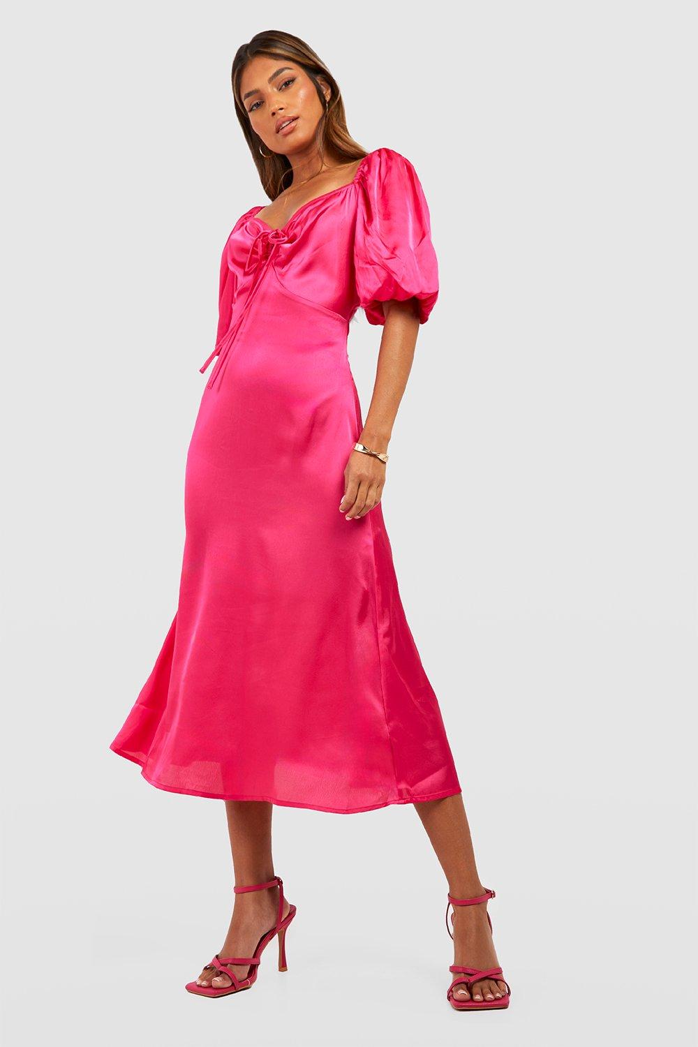 Платье миди с атласными рукавами и объемами Boohoo, розовый