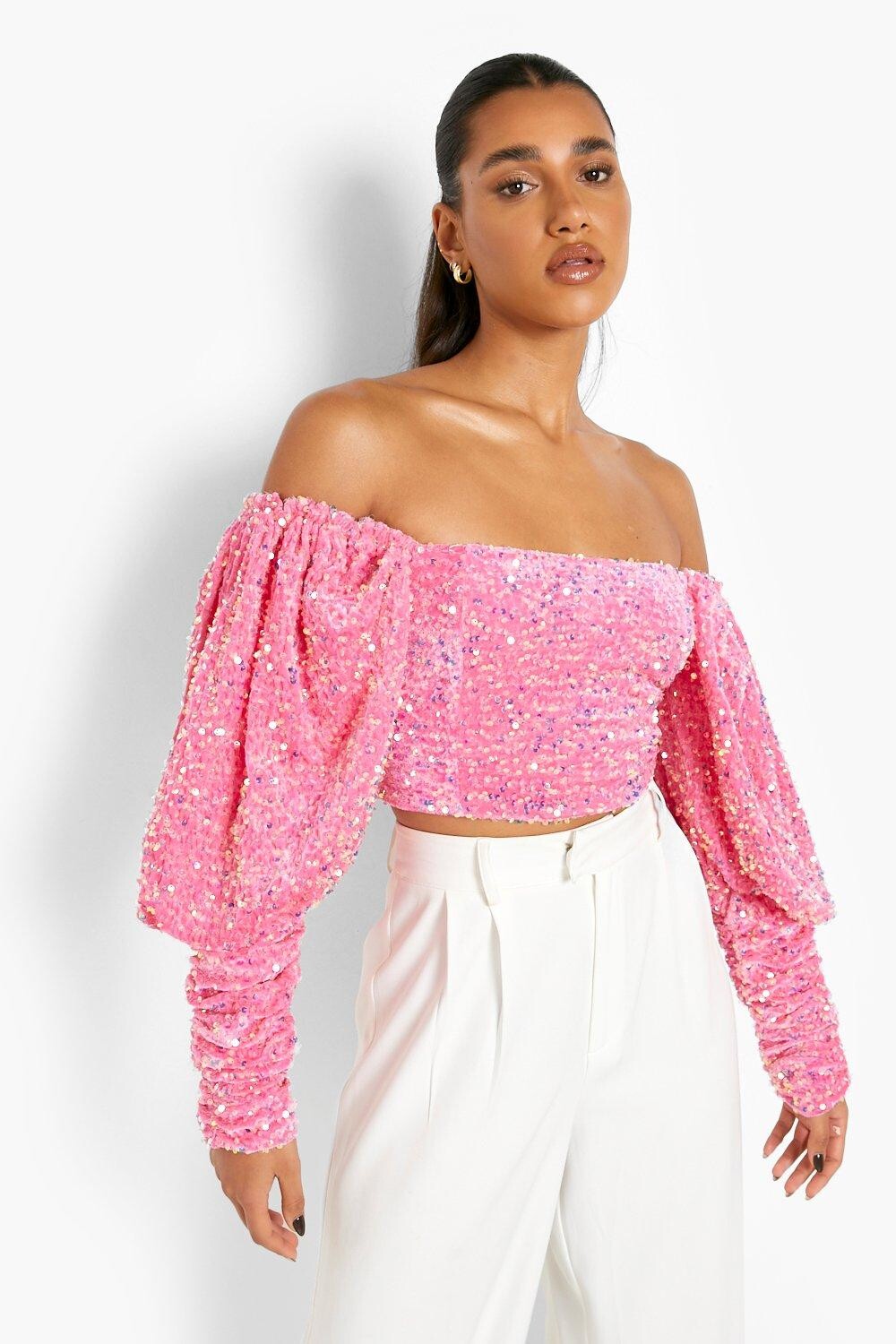 

Бархатный топ с пайетками и рукавами Boohoo, розовый