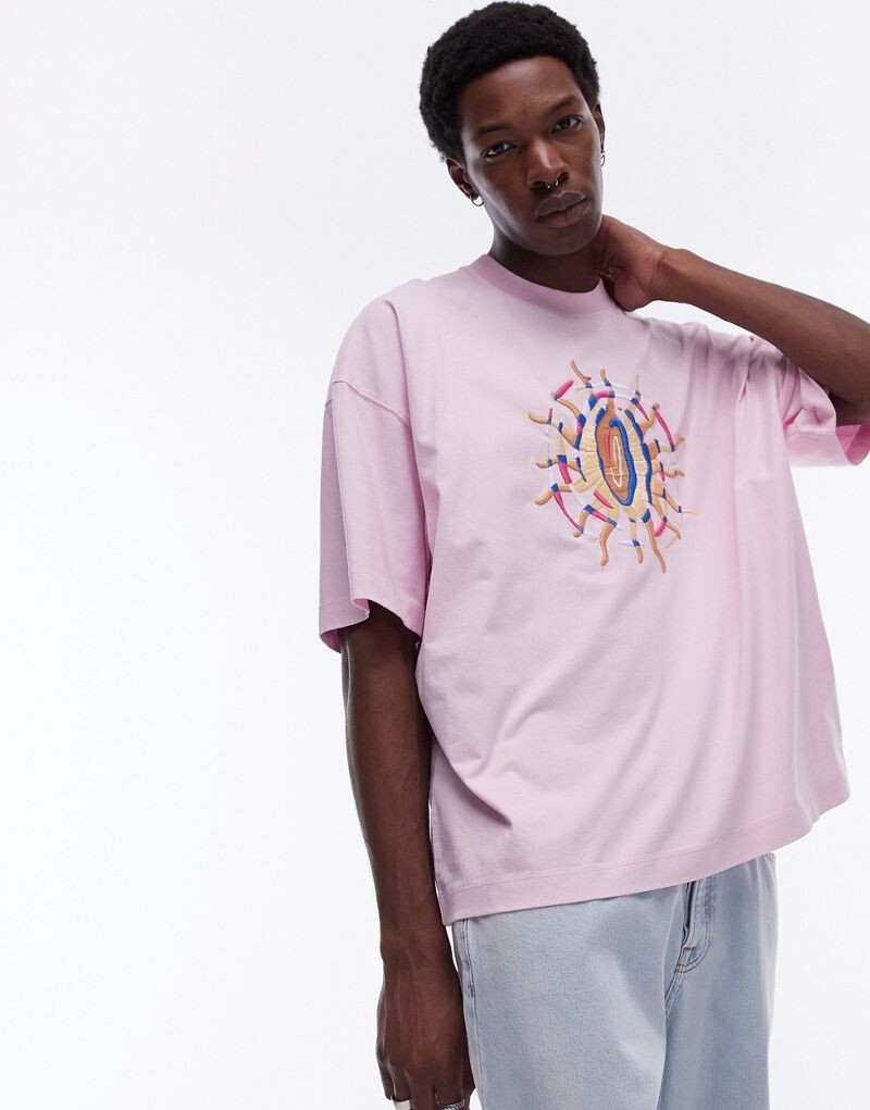 

Розовая футболка оверсайз с вышивкой в ​​виде солнца Topman