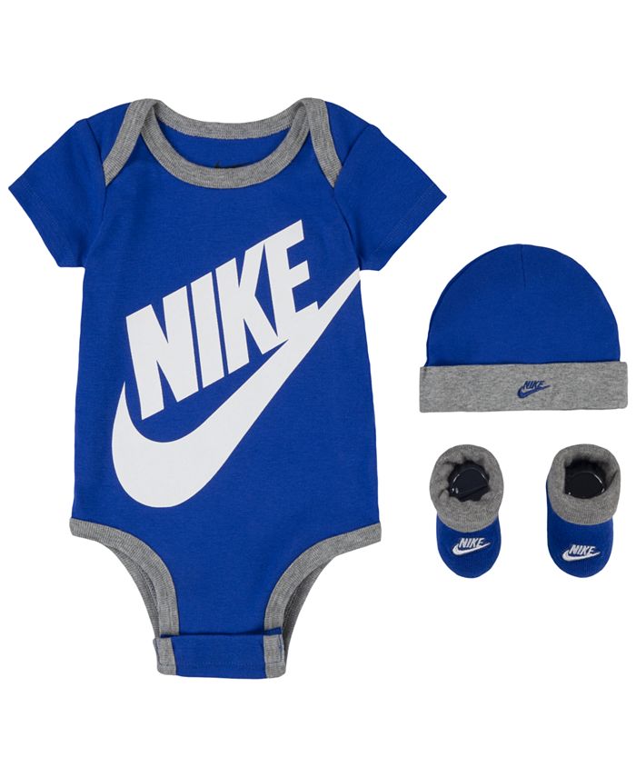 цена Боди, шапочка и пинетки с логотипом Futura для мальчиков и девочек, подарочный набор из 3 предметов Nike, синий
