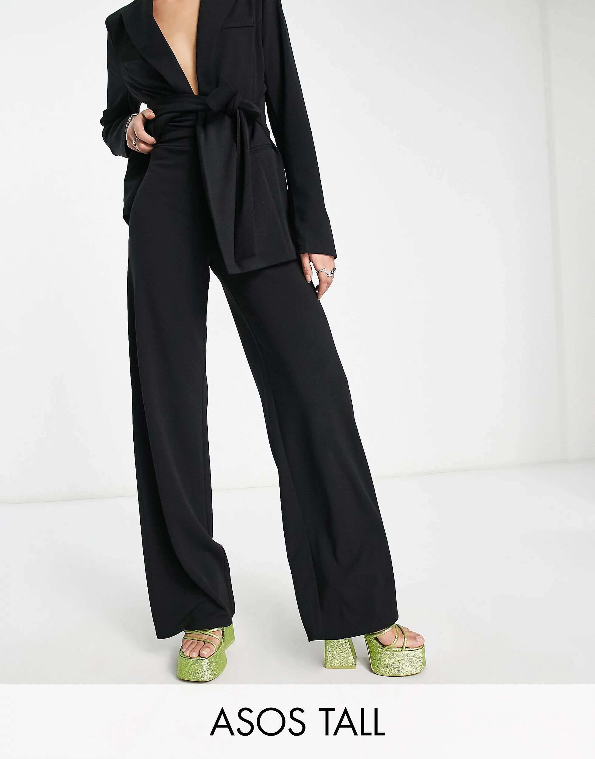 Черные широкие брюки из джерси с завышенной талией ASOS Tall