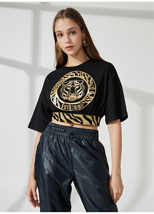 

Черная женская футболка с круглым вырезом с принтом Just Cavalli, Черный