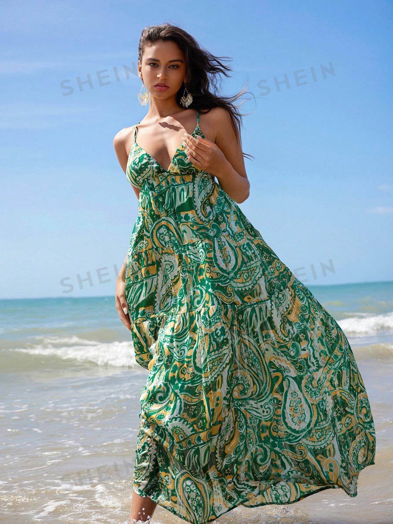Женское длинное платье на тонких бретельках Anewsta с v-образным вырезом и принтом, многоцветный