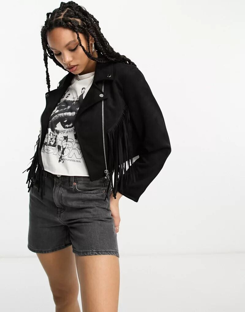 

Черная мотоциклетная куртка из искусственной замши Bershka с бахромой