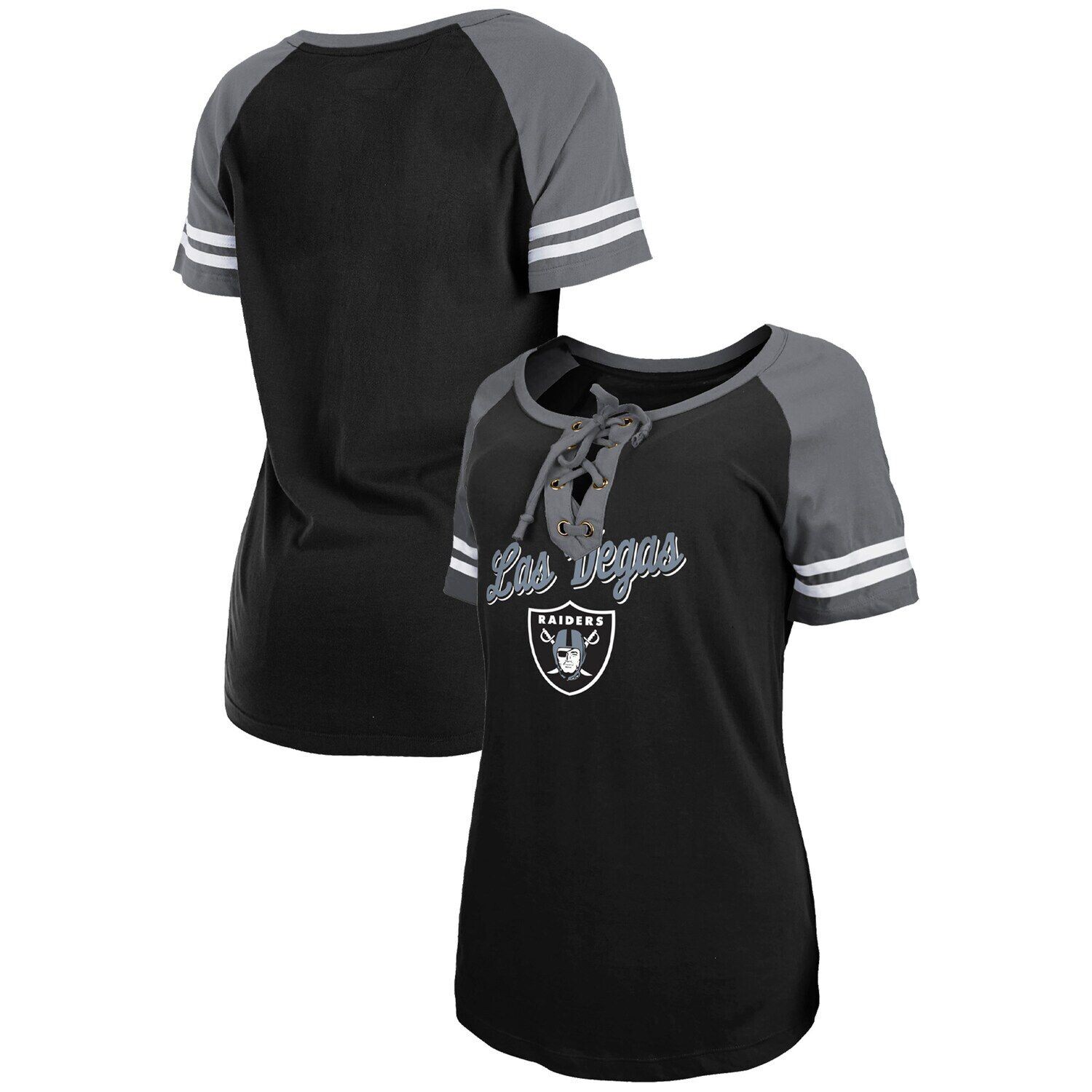 

Женская черная/серебристая футболка реглан на шнуровке с логотипом New Era Las Vegas Raiders New Era, Черный