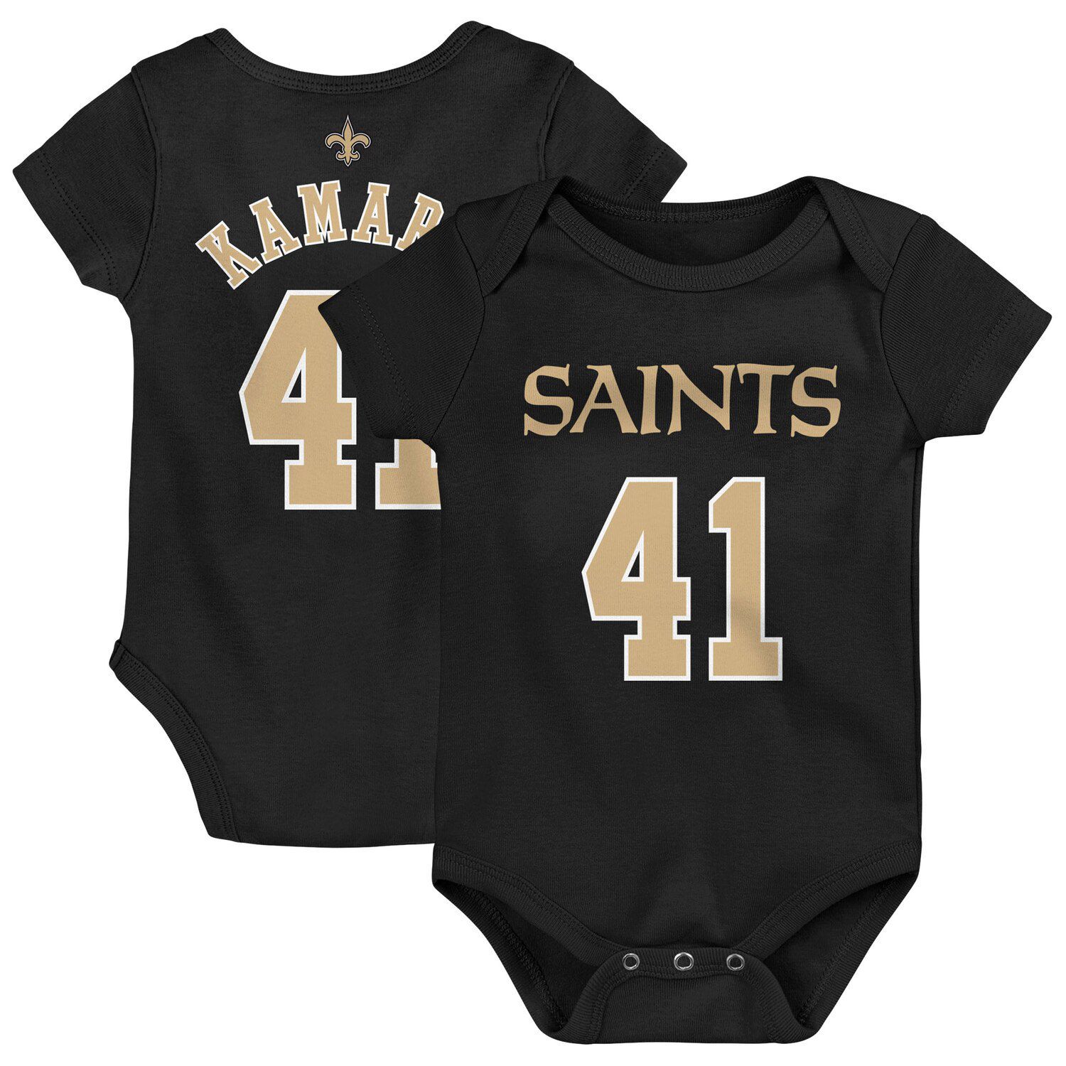 

Черный боди для новорожденных Alvin Kamara New Orleans Saints Mainliner с именем и номером Outerstuff