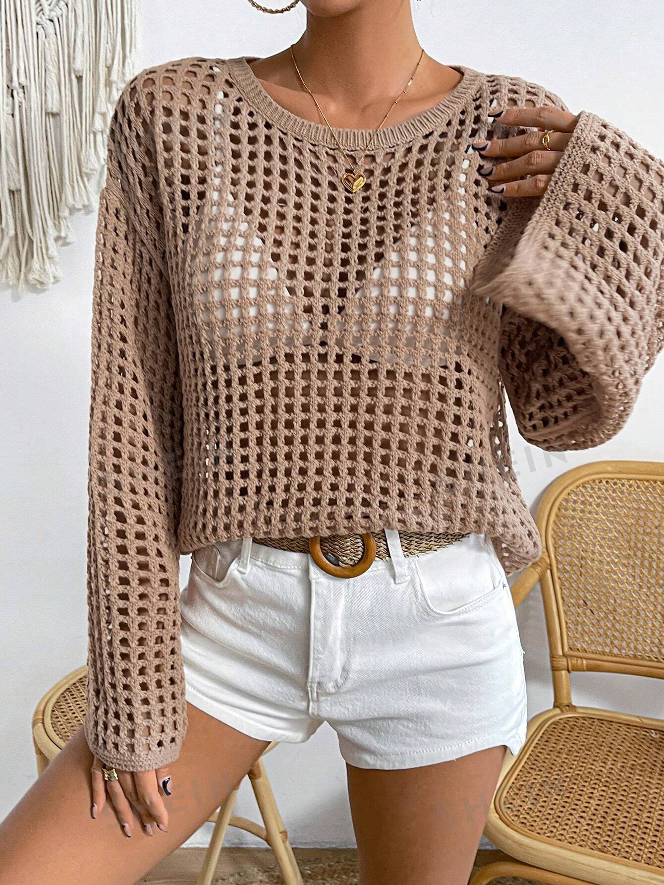 SHEIN Essnce однотонный открытый вязаный свитер с заниженными плечами, хаки цена и фото