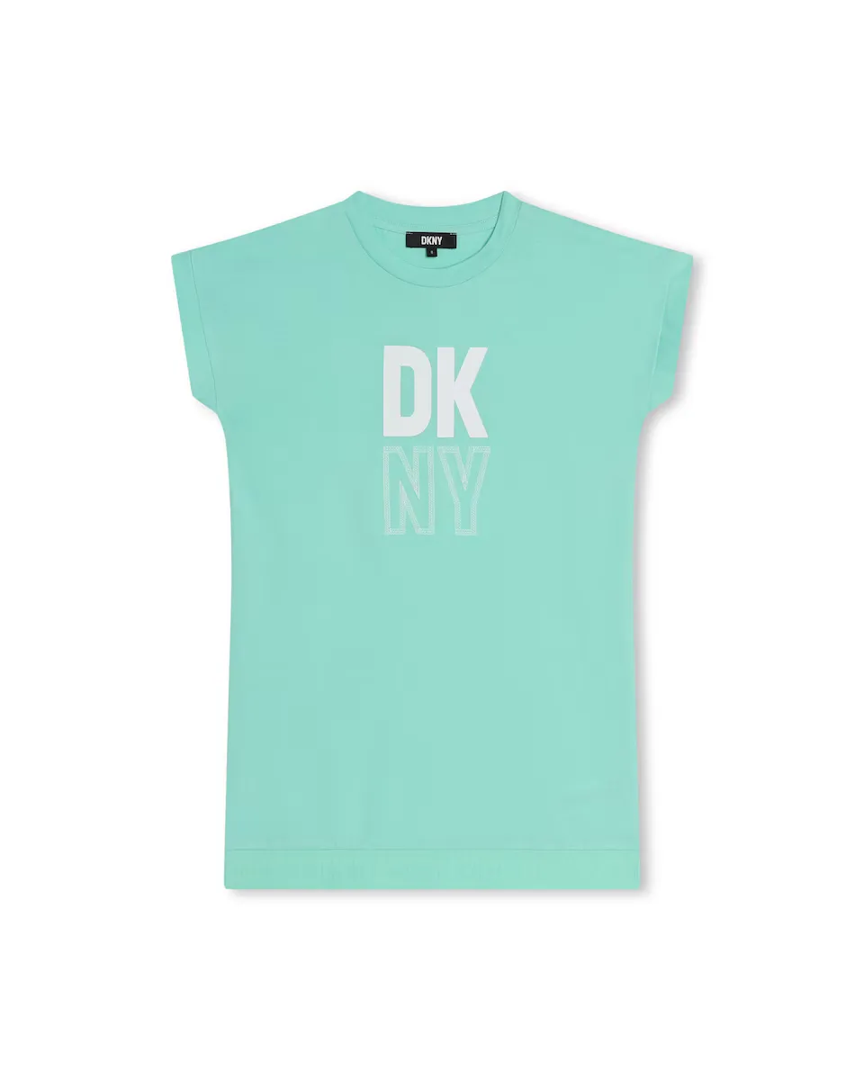 

Хлопковое платье для девочки с логотипом спереди DKNY, цвет Verde Agua