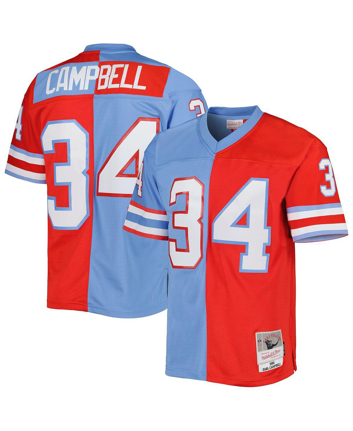 Мужская футболка Earl Campbell Red, Blue Houston Oilers Gridiron Classics 1980 Split Legacy Replica Джерси Mitchell & Ness
