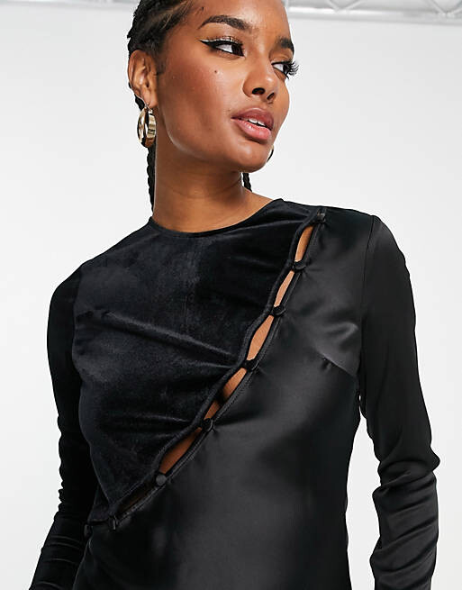 

Черное платье миди из бархата и атласа с пуговицами ASOS DESIGN