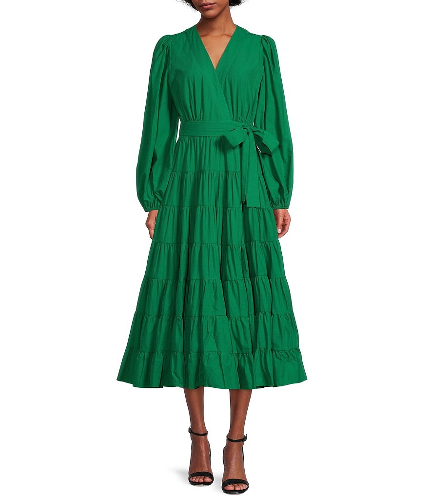 Многоуровневое платье миди с длинными рукавами и завязкой на талии Gibson & Latimer, зеленый