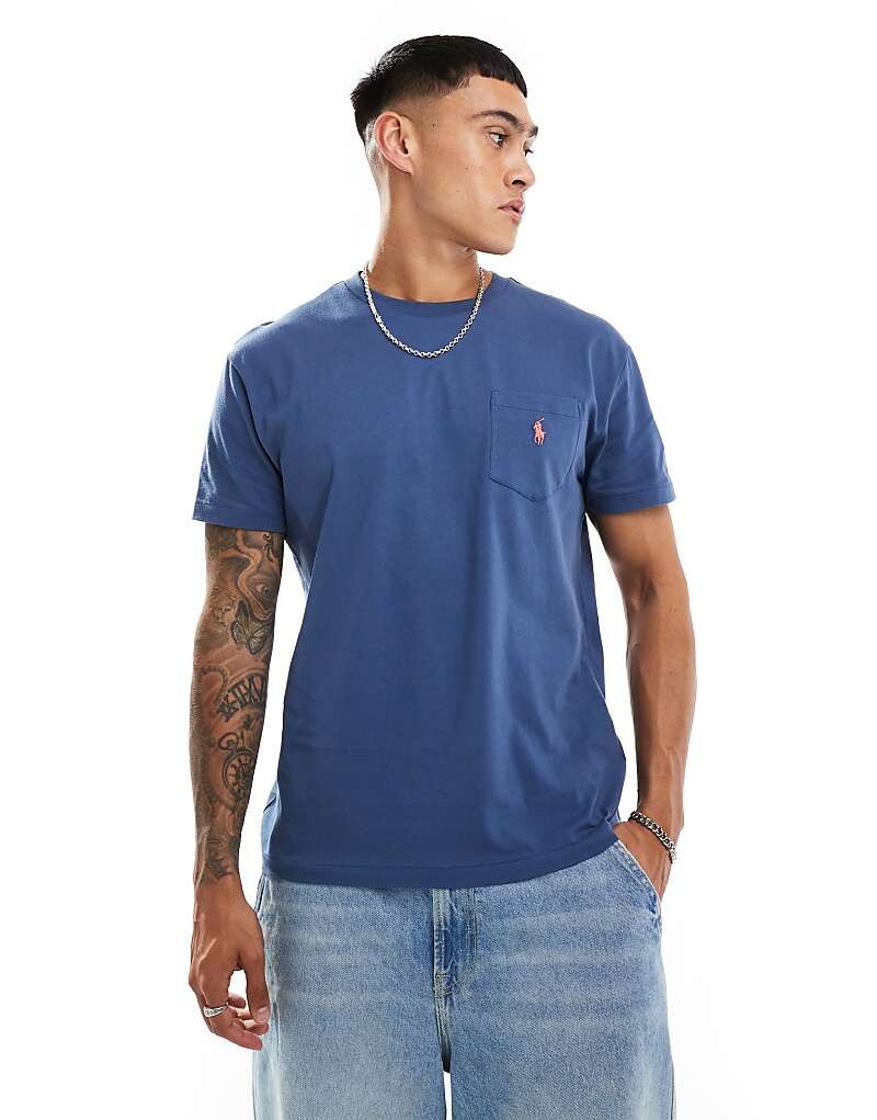 

Polo Ralph Lauren – синяя классическая футболка оверсайз с карманом с логотипом