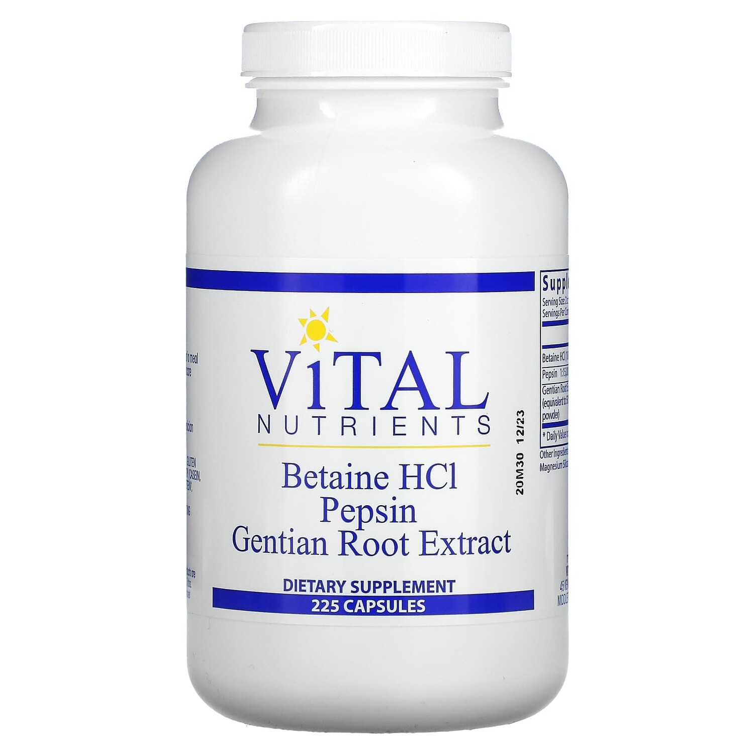 

Бетаин гидрохлорид, пепсин, экстракт корня горечавки, 225 капсул, Vital Nutrients