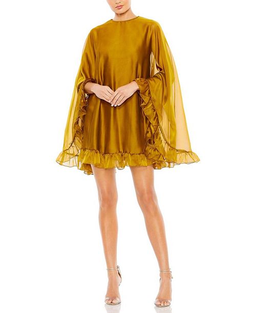Мини-платье-накидка с высоким воротником и оборками по подолу Mac Duggal, цвет Gold