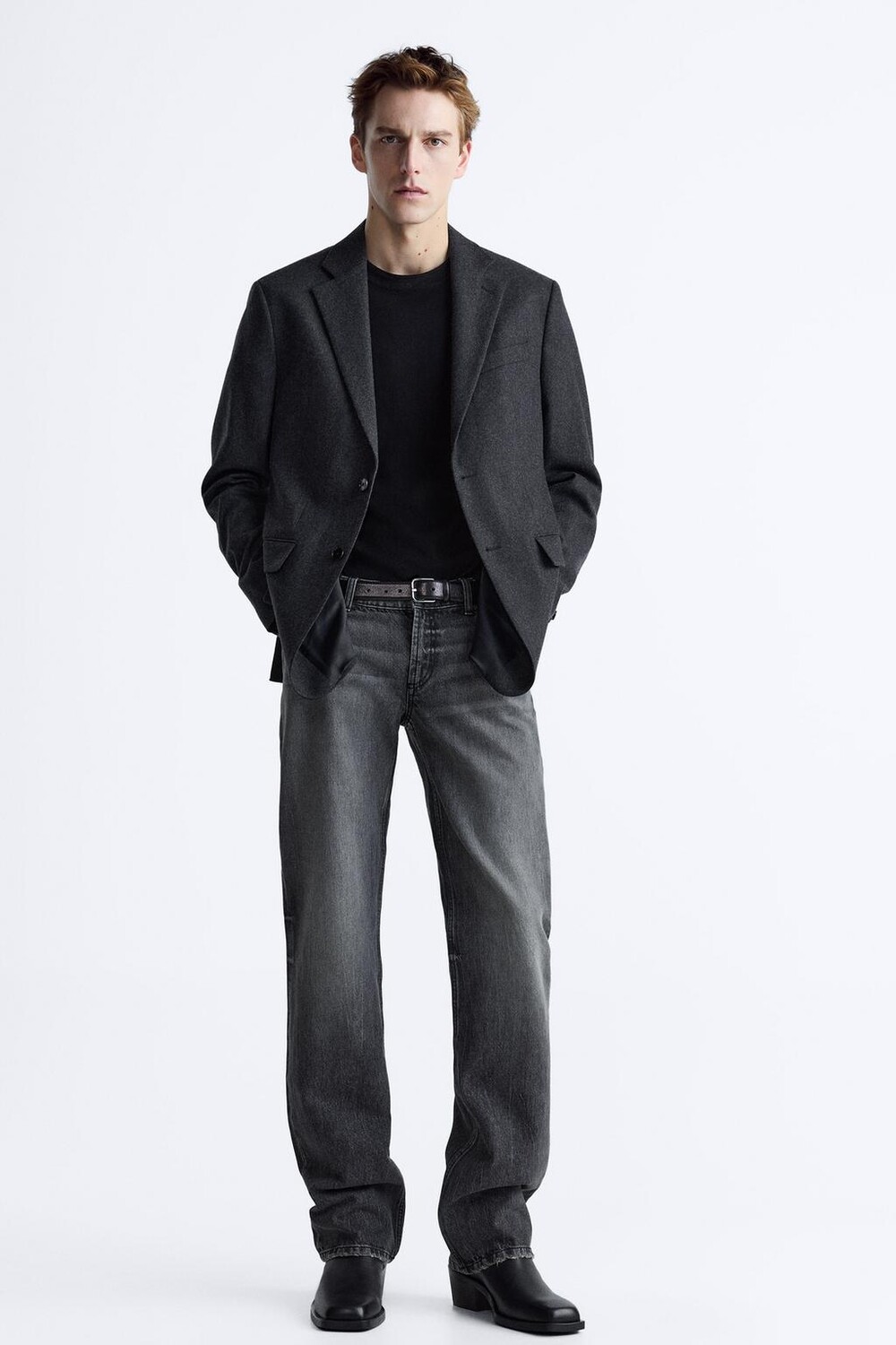 

Кожаные ботинки с квадратным носком ZARA, черный