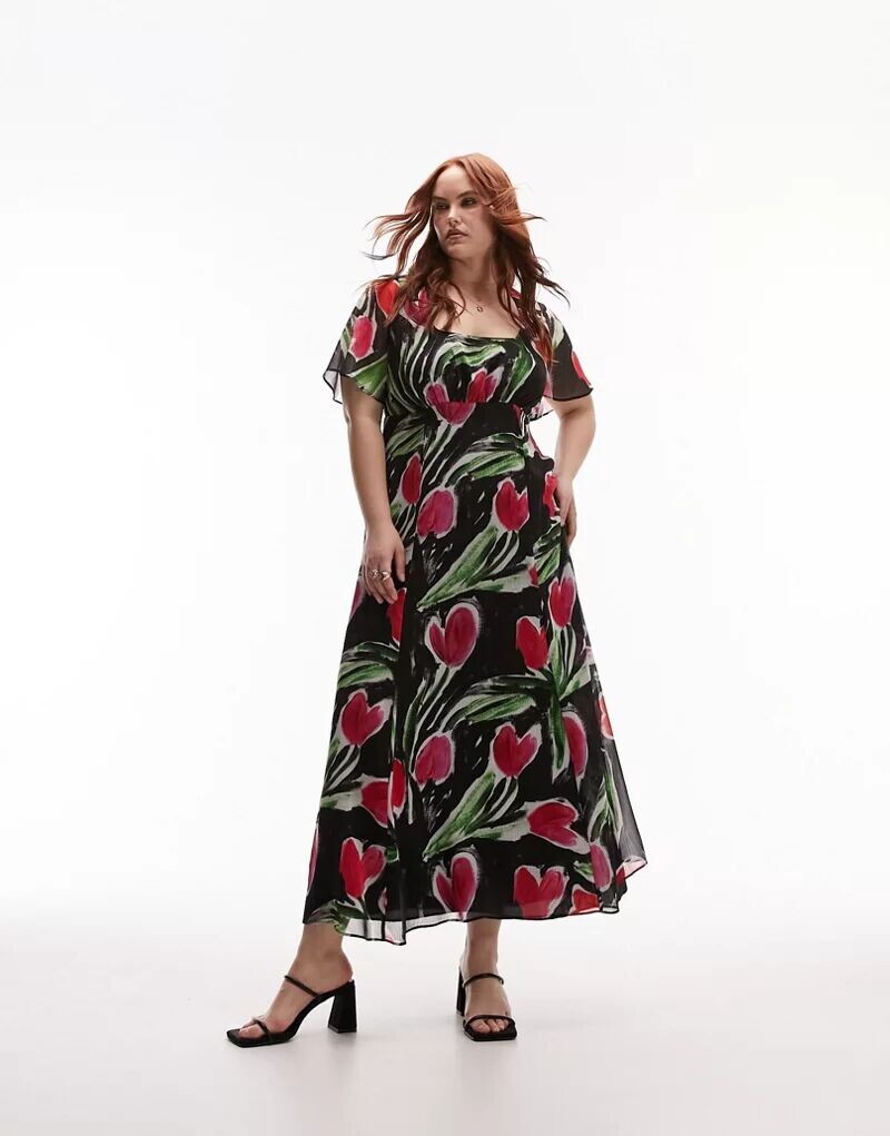

Красное и фиолетовое повседневное платье миди с цветочным принтом Topshop