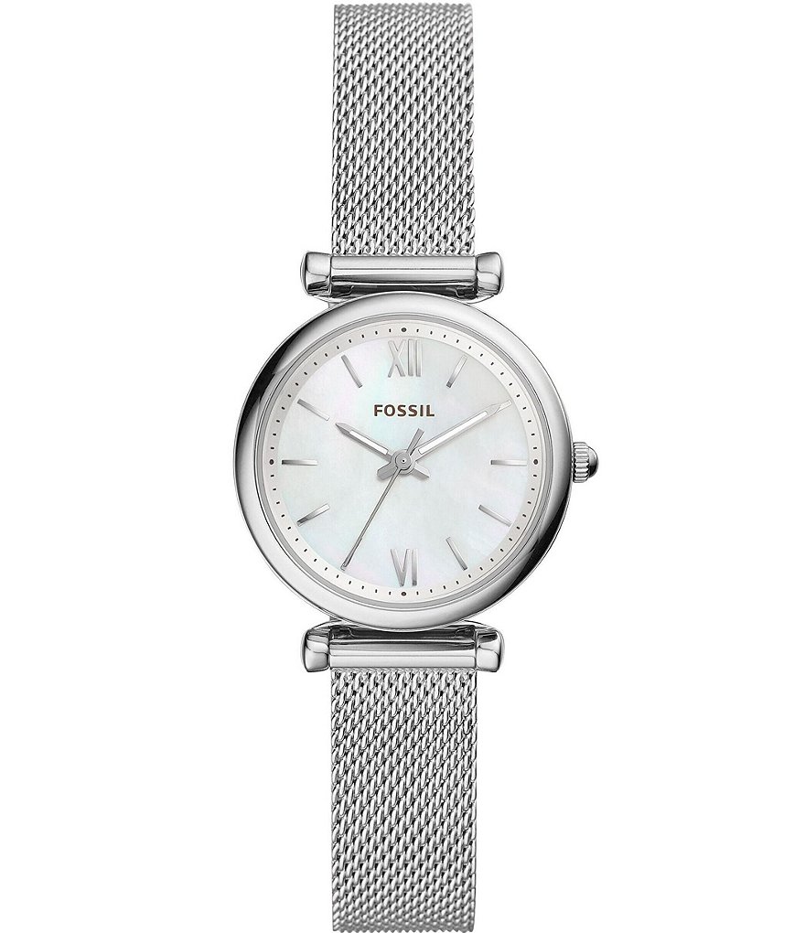 цена Женские часы Fossil Carlie с тремя стрелками и сетчатым браслетом из нержавеющей стали, серебро