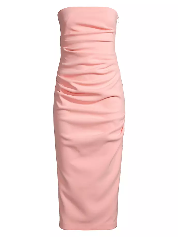

Платье миди без бретелек из эластичного крепа со сборками Misha, цвет calypso pink