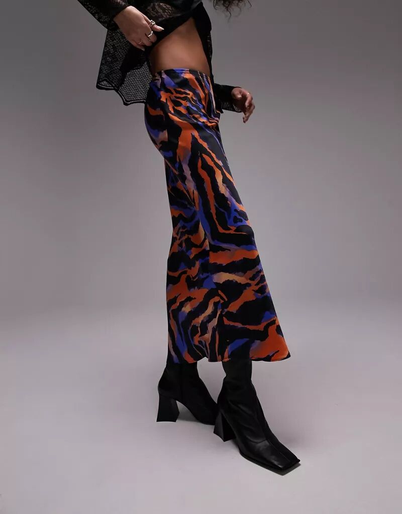 Асимметричная атласная юбка миди Topshop нейтральных цветов с животным принтом