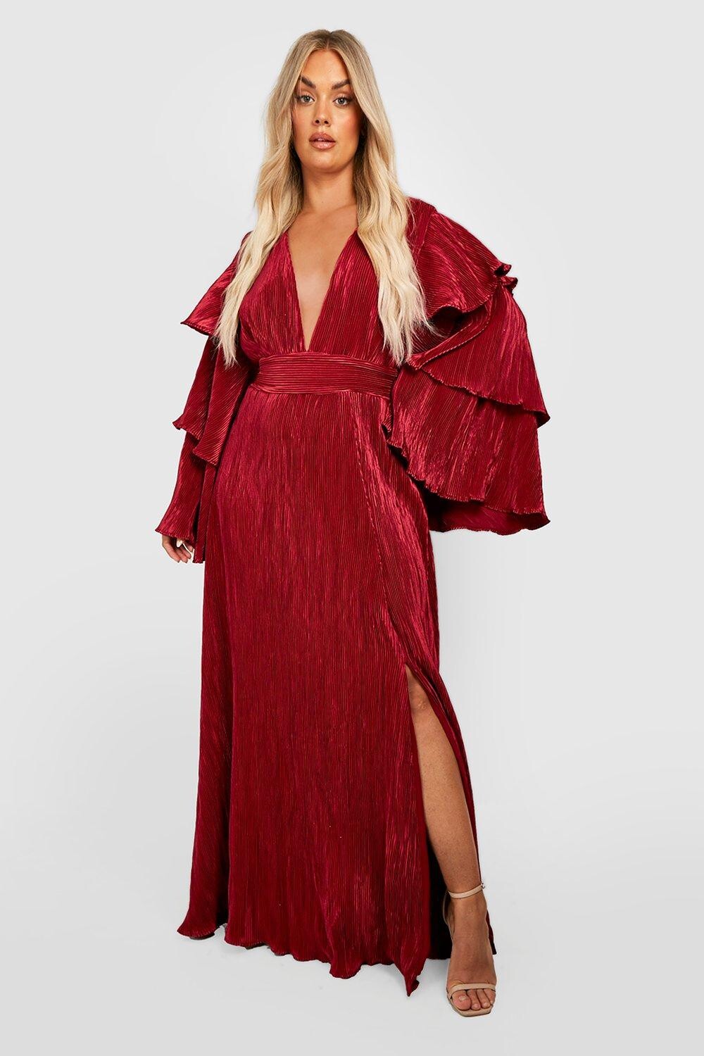 

Плюс многослойное платье макси с рукавами с рюшами boohoo, красный