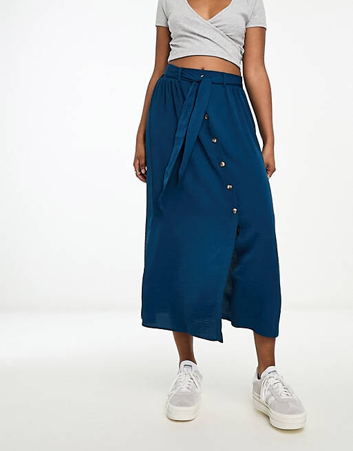

Темно-синяя юбка миди на пуговицах с завязкой на талии ASOS DESIGN