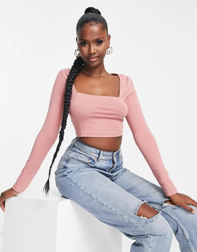 

Темно-розовый укороченный топ с квадратным вырезом и швом ASOS