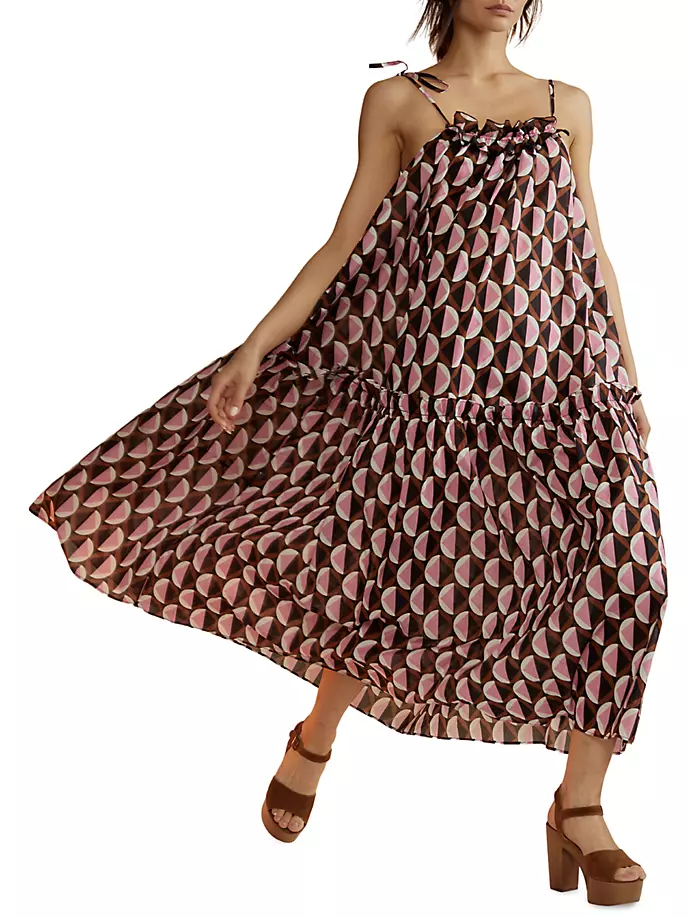 Хлопковое платье макси с геометрическим узором и завязками-спагетти Cynthia Rowley, мультиколор