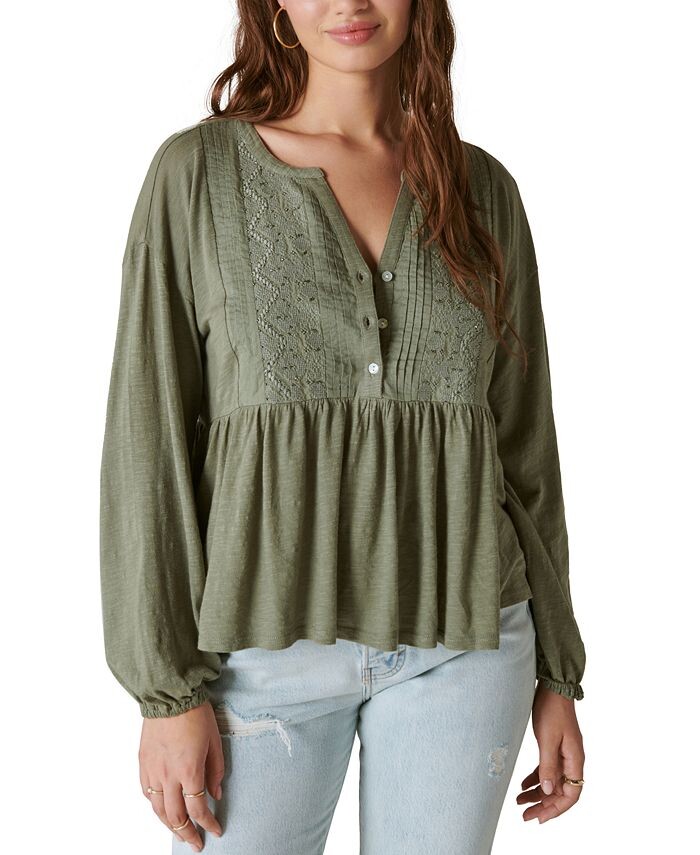 

Женский топ с баской и защипами с вышивкой Lucky Brand, зеленый