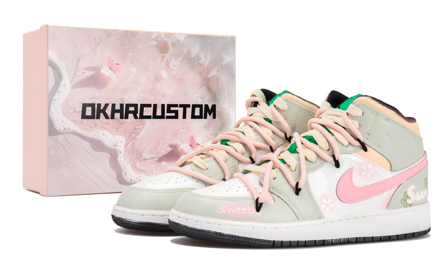 

Кроссовки Air Jordan 1 Vintage Basketball Shoes Women's Mid-top White/green/pink, розовый