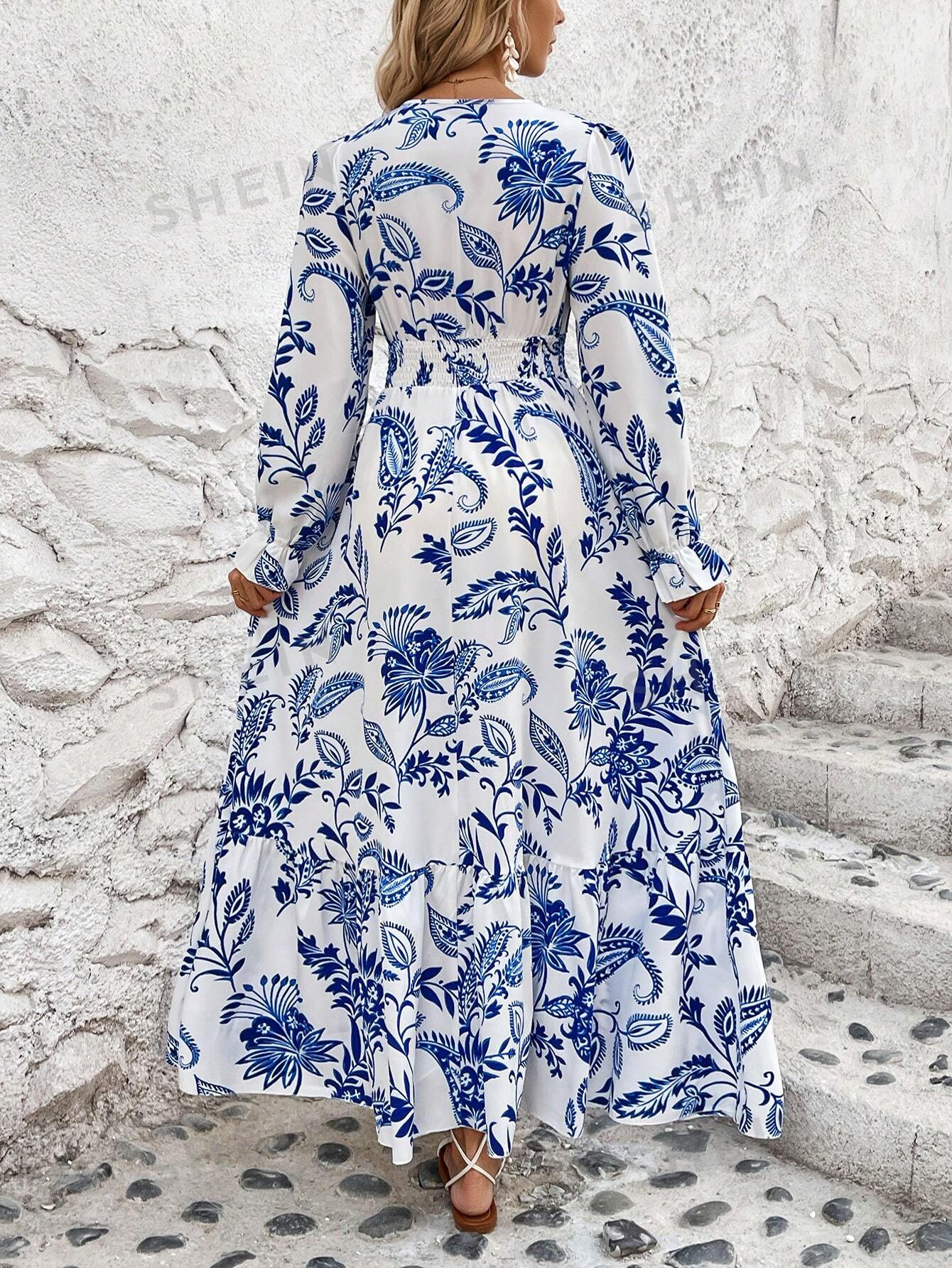 SHEIN LUNE Женское платье миди с запахом на талии и растительным принтом, синий и белый женское сетчатое платье с v образным вырезом длинное свободное повседневное шифоновое платье в корейском стиле с длинными рукавами лето