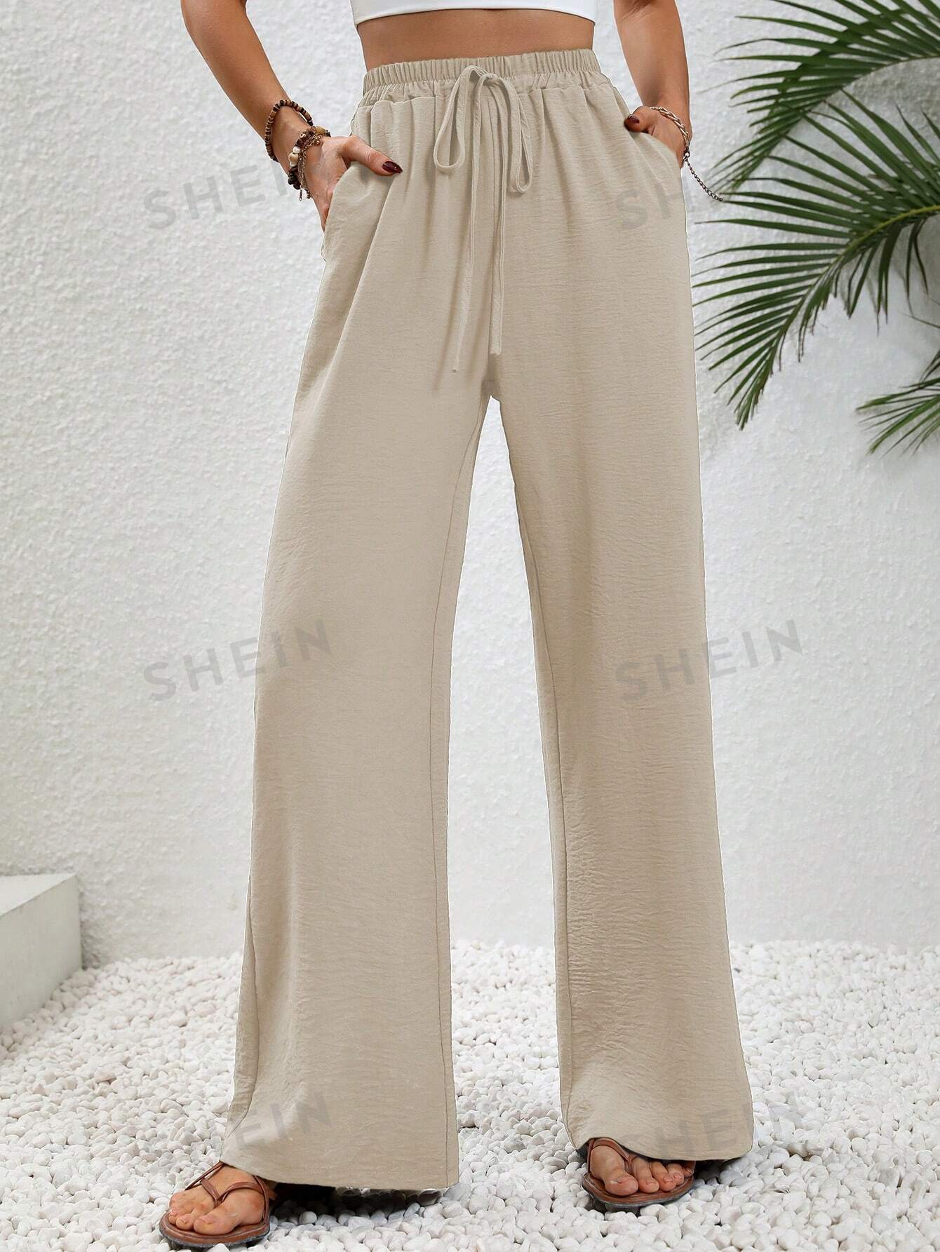 SHEIN LUNE женские однотонные длинные брюки с завышенной талией и завязками на талии и карманами, абрикос фото