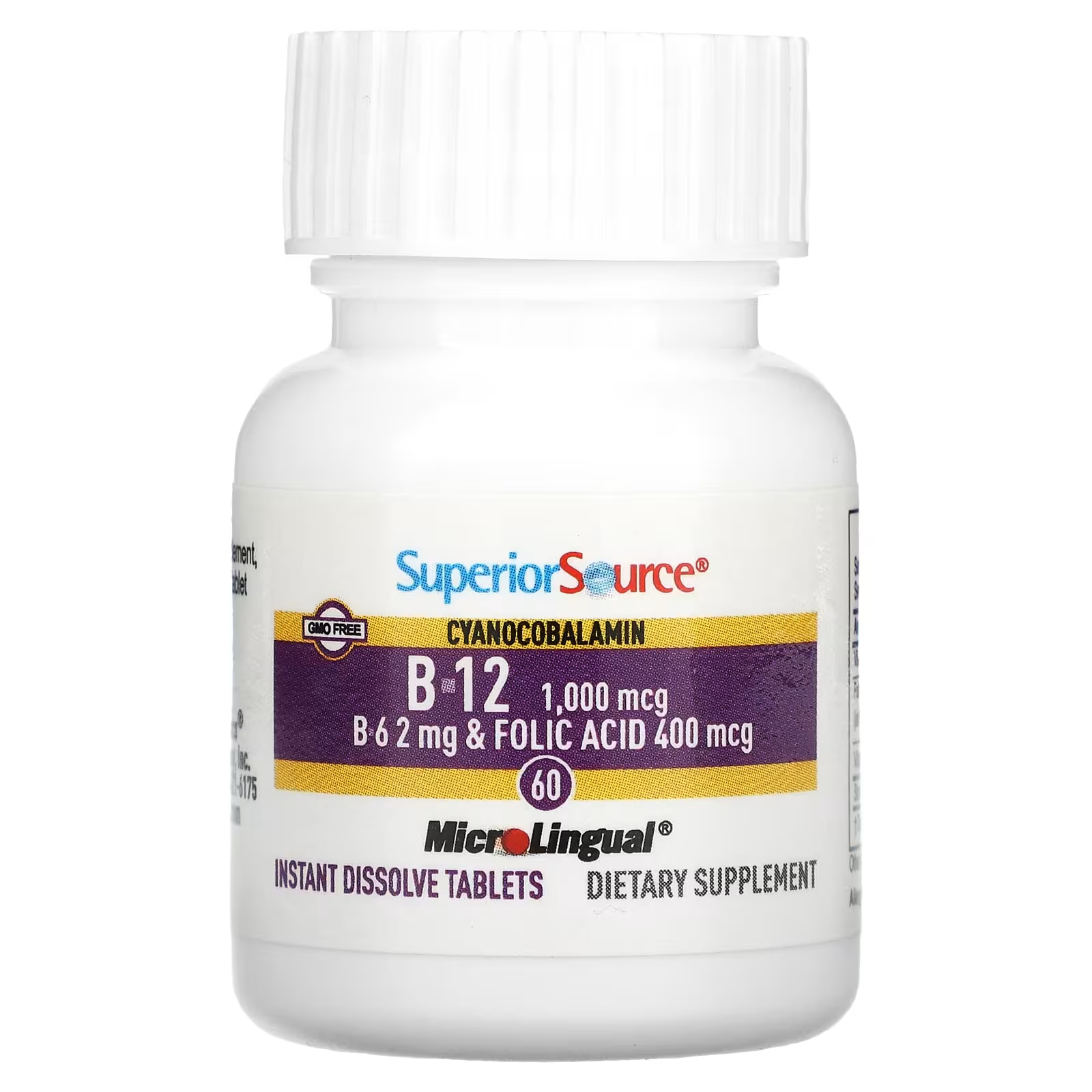 Цианокобаламин витаминов B-12, витаминов B-6 и фолиевой кислоты MicroLingual Superior Source, 60 растворяющихся таблеток
