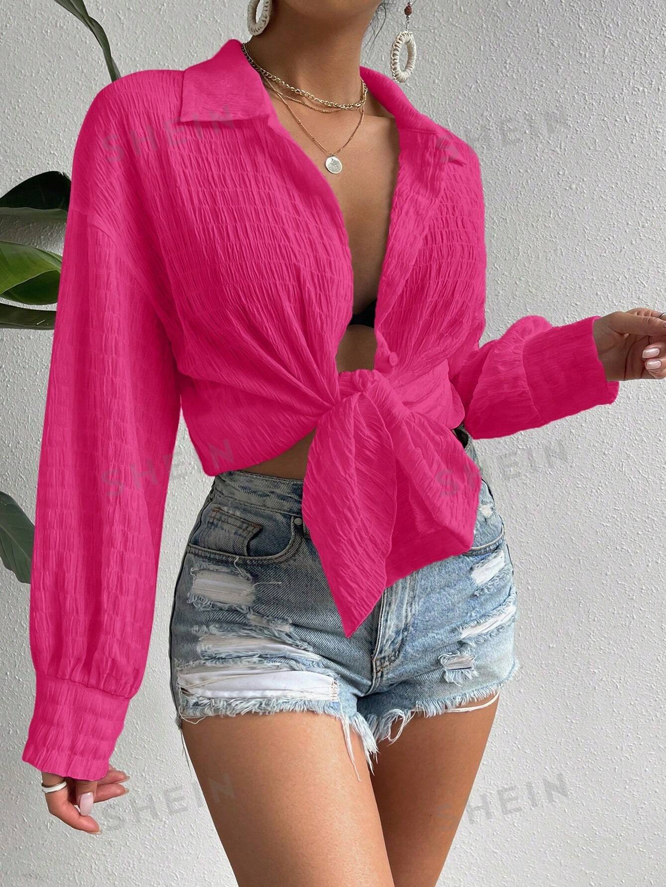 SHEIN Essnce однотонная фактурная рубашка свободного кроя с заниженными плечами, ярко-розовый рубашка с заниженными плечами и воротником 70 21 белый