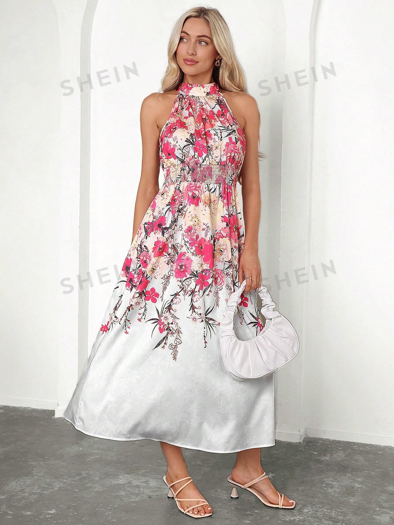 SHEIN Clasi Платье без рукавов с цветочным принтом и зауженной талией, многоцветный shein clasi женская рубашка блузка без рукавов с геометрическим принтом хаки