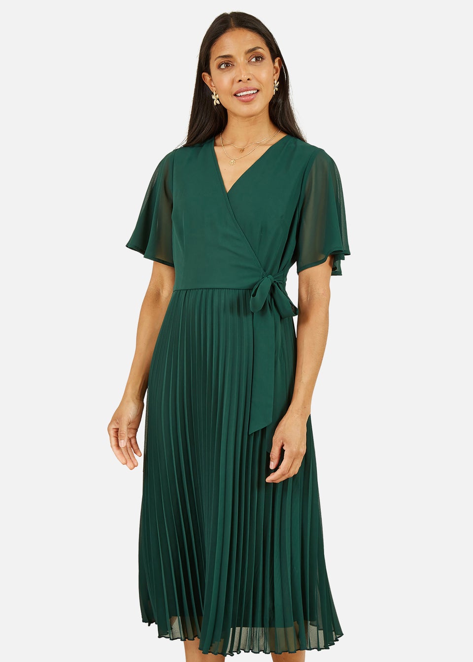 Yumi Зеленое плиссированное платье миди с запахом