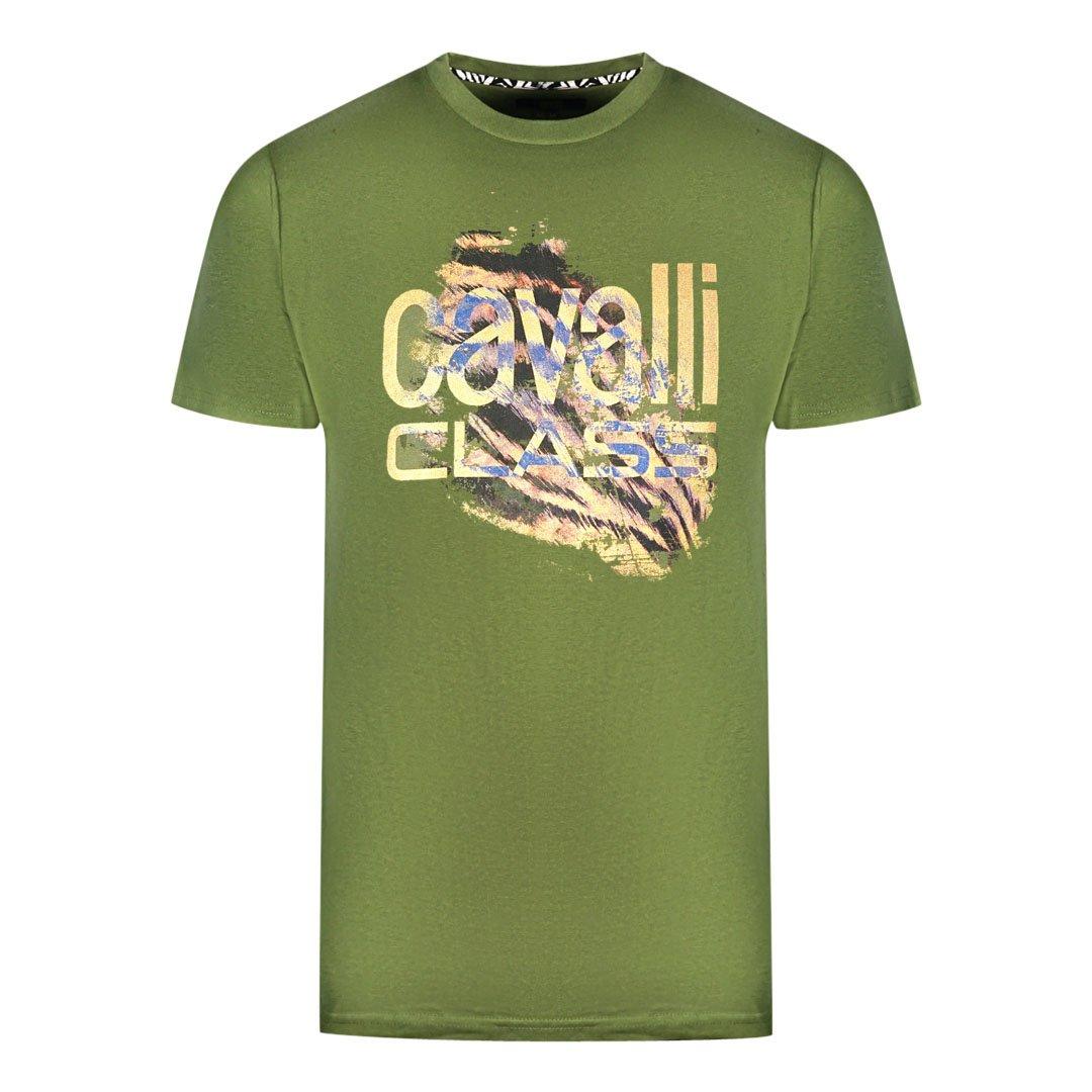 Зеленая футболка с ярким логотипом и принтом тигра Cavalli Class, зеленый удлиненный блейзер с пиковыми лацканами и тигровым принтом roberto cavalli цвет black rum